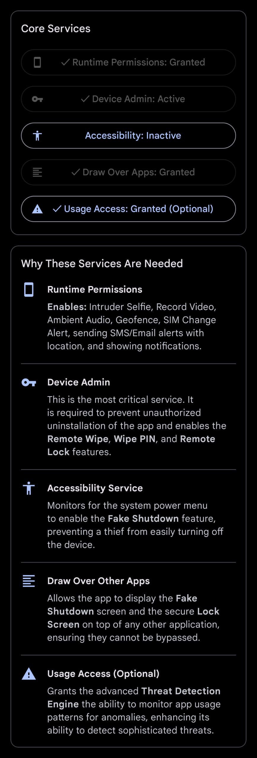 Kavach Core Services Screen